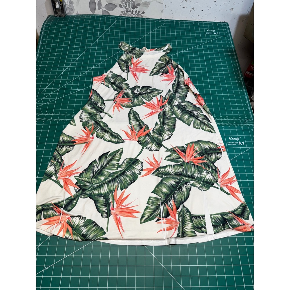 Bibi Tropical Bird of Paradise Palm Print Halter Mini Dress Womens Ivory Green L